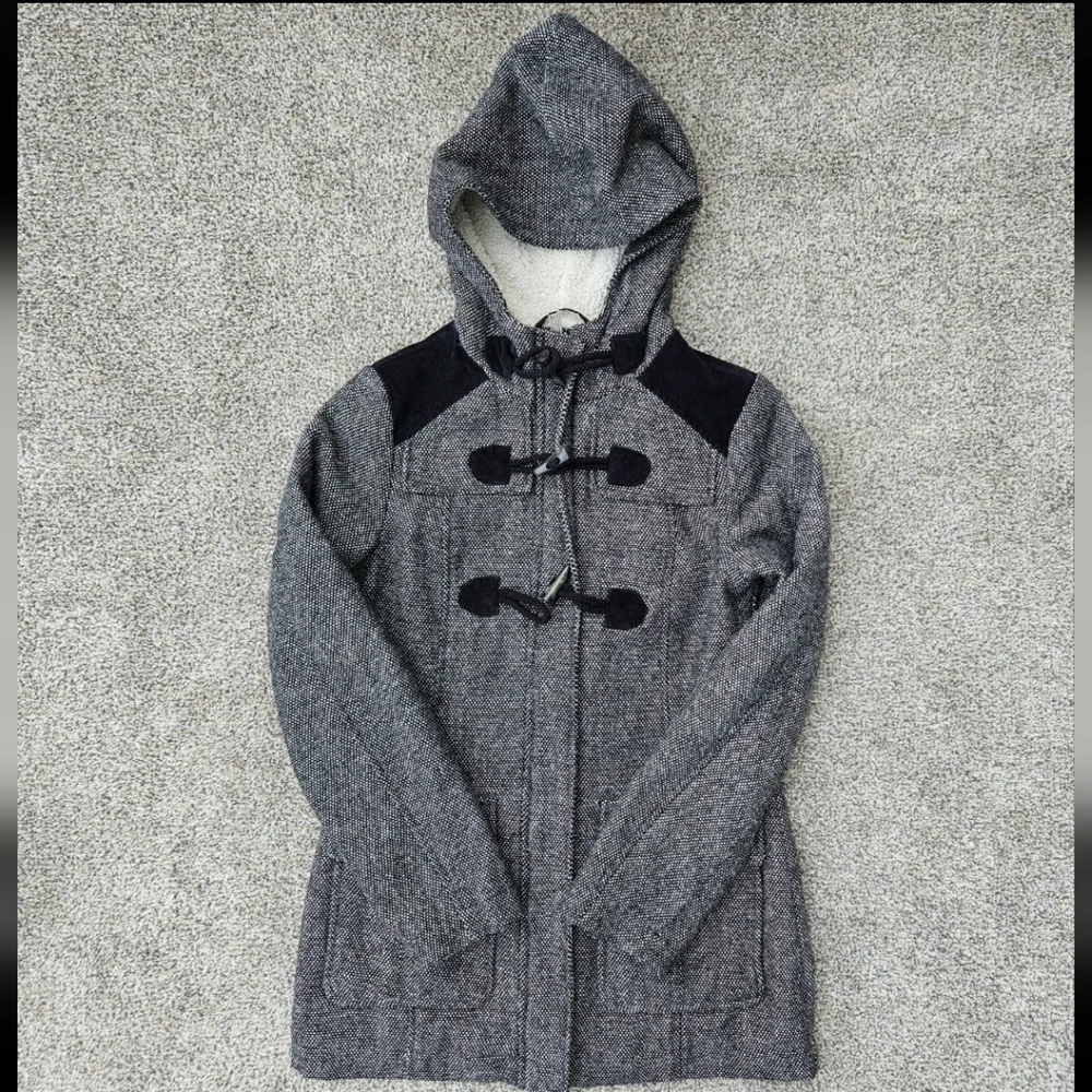 Prana Megan Black Tweed Duffle Wool Blend Jacket Sherpa Hood Toggle Womens XS